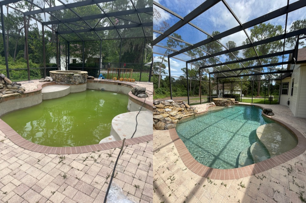 Pool before and after Amanzi's green-to-clean recovery service